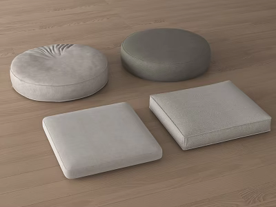 Light And Dark Gray Round Square Soft Fabric Seat Cushions On Wooden Floor 3d model