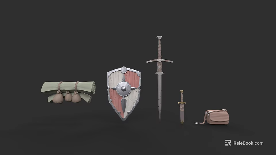 Medieval Weapons Collection Featuring Shield Long Sword Dagger Scroll And Leather Pouch 3d model