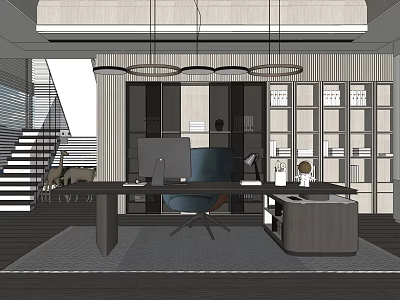 Modern Office Interior With Wooden Desk Computer Chair Hanging Lights And Glass Bookshelves 3d model