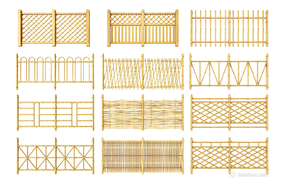 Various Bamboo Fence Styles Featuring Woven Patterns And Lattice Designs 3d model 