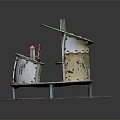 Architectural Model Featuring Green Curved Roof Red Pillars Wheels At Base And Stone Slab