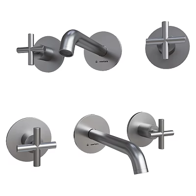 Modern Metal Faucet With Cross Handles And Wall Mounted Design 3d model
