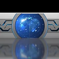 Futuristic Gate Design With Blue Glowing Accents And Globe Patterns On Metallic Frame