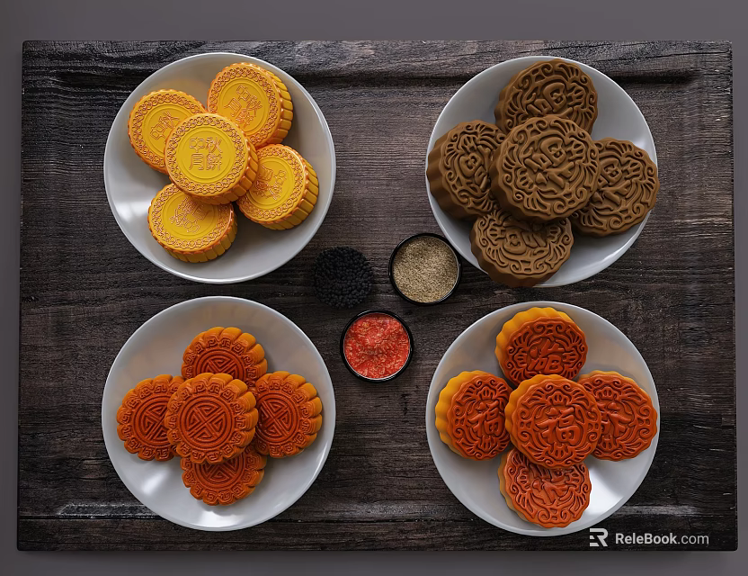 Traditional Assorted Mooncakes On White Plates With Different Fillings And Toppings 3d model 