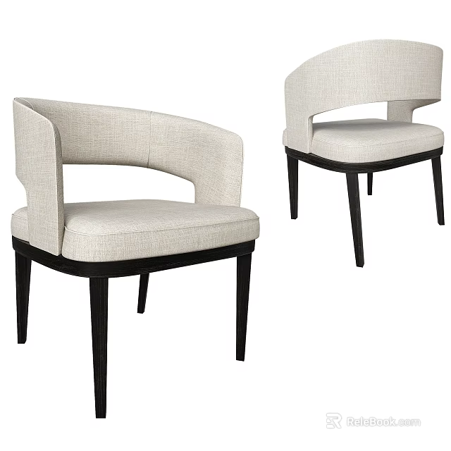 Modern Beige Upholstered Dining Chairs With Curved Backrest And Black Wooden Legs 3d model 