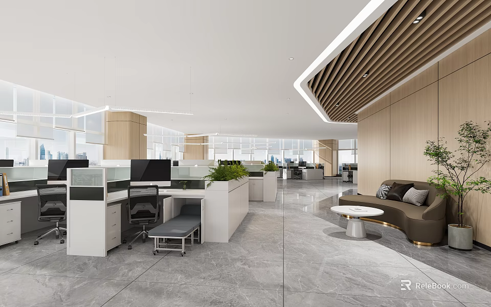 Spacious Bright Modern Public Office Area With Open Workstations Rest Lounge And Green Plants 3d model 