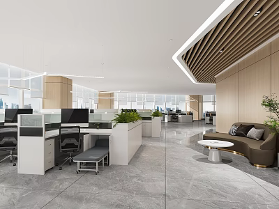 Spacious Bright Modern Public Office Area With Open Workstations Rest Lounge And Green Plants 3d model