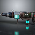 Retro Futuristic Sci Fi Weapon Featuring Spiral Front Blue Glowing Panels And Control Dials 3d model