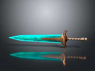 Glowing Blue Blade Sword With Golden Twisted Hilt On Black Background 3d model