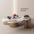 Round Marble Top Coffee Table With Wooden Base And Decorative Side Table 3d model