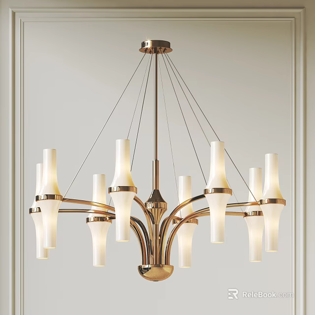 Elegant Golden Metal Frame Chandelier With Multiple White Shades Hanging In Interior 3d model 