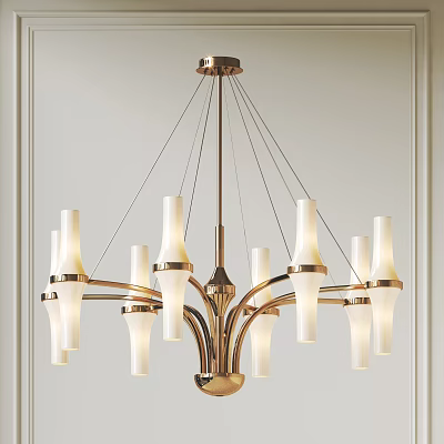 Elegant Golden Metal Frame Chandelier With Multiple White Shades Hanging In Interior 3d model