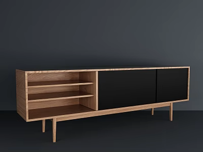 Modern Wooden TV Stand With Open Shelves Black Cabinets And Slim Legs 3d model