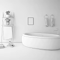 Bathroom Set Featuring White Bathtub Marble Walls Black Shelf Green Plants Towels and Towel Rings