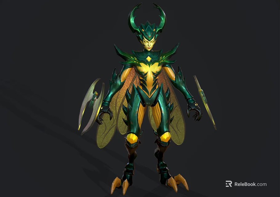 Mythical Insectoid Character With Green Armor Horns Wings Blades And Yellow Details 3d model 