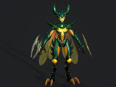 Mythical Insectoid Character With Green Armor Horns Wings Blades And Yellow Details 3d model