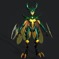 Mythical Insectoid Character With Green Armor Horns Wings Blades And Yellow Details