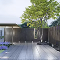 Tranquil Garden Landscape With Lush Green Trees Paved Courtyard Water Feature And Lounge Seating