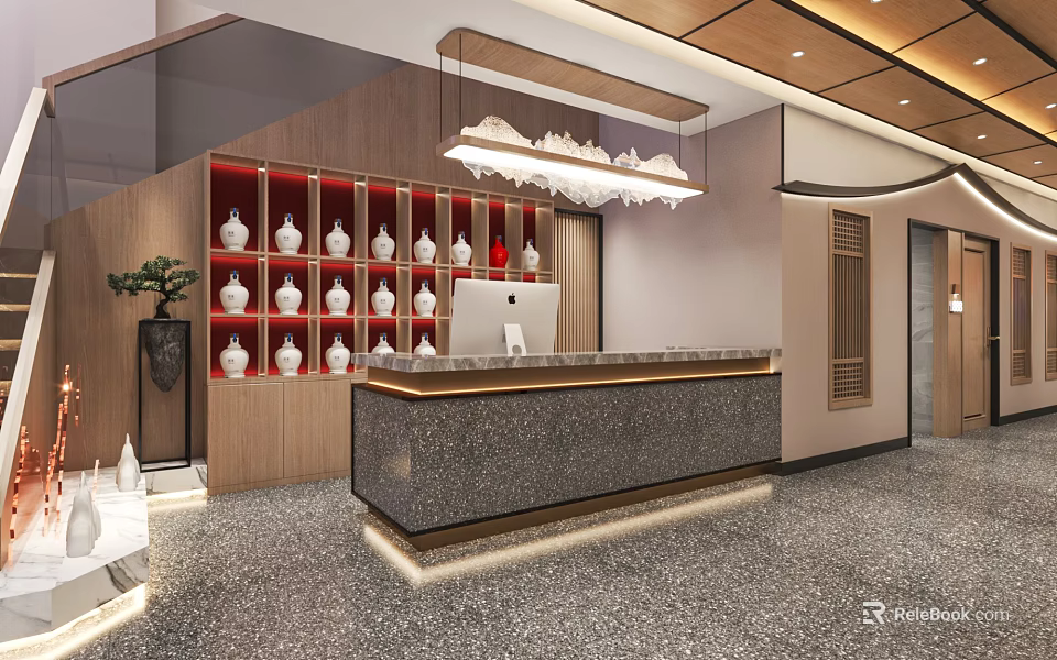 Elegant Modern Restaurant Reception With White Vases Red Shelves Gray Countertop And Pendant Lights 3d model 