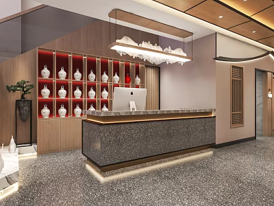 Elegant Modern Restaurant Reception With White Vases Red Shelves Gray Countertop And Pendant Lights 3d model