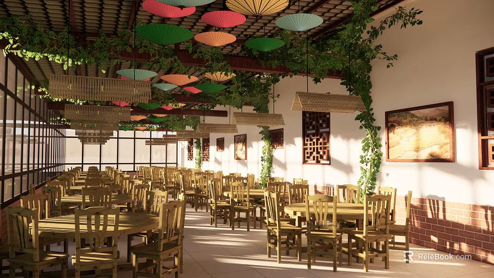 Chinese Restaurant Interior With Colorful Umbrella Pendant Lights Bamboo Lamps Green Vines And Wooden Tables 3d model 