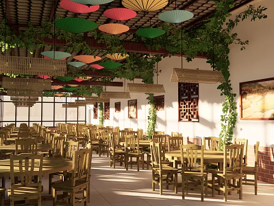 Chinese Restaurant Interior With Colorful Umbrella Pendant Lights Bamboo Lamps Green Vines And Wooden Tables 3d model
