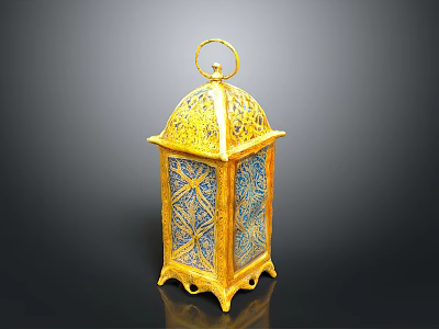 Golden Blue Decorative Lantern With Intricate Patterns And Handle For Home Decoration 3d model