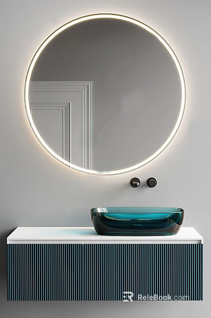 Modern Bathroom Sink With Blue Vessel Basin Round Illuminated Mirror And Black Knobs 3d model 