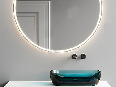 Modern Bathroom Sink With Blue Vessel Basin Round Illuminated Mirror And Black Knobs 3d model