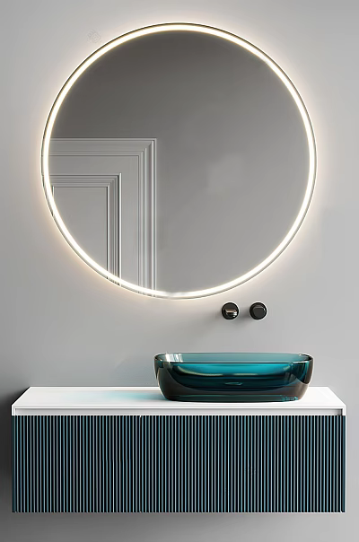 Modern Bathroom Sink With Blue Vessel Basin Round Illuminated Mirror And Black Knobs 3d model