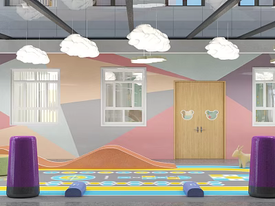 Bright Kindergarten Interior With Cloud Decorations Colorful Walls Wooden Door And Colorful Floor Mats 3d model