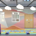 Bright Kindergarten Interior With Cloud Decorations Colorful Walls Wooden Door And Colorful Floor Mats