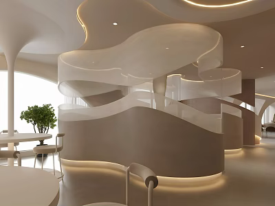 Modern Café Interior Design With Spiral Staircase Soft Lighting White Tone Curved Design And Tables 3d model