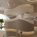 Modern Café Interior Design With Spiral Staircase Soft Lighting White Tone Curved Design And Tables