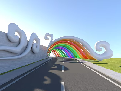 Rainbow Colored Arched Entrance Gate with White Cloud Shaped Decorations and Green Lawn Road 3d model