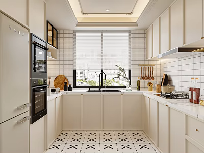 Modern Kitchen Interior With White Cabinets White Tiled Walls And Geometric Floor Tiles 3d model
