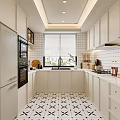 Modern Kitchen Interior With White Cabinets White Tiled Walls And Geometric Floor Tiles