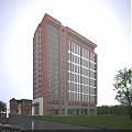 Contemporary High Rise Office Building With Glass Curtain Wall Brick Facade And Large Windows