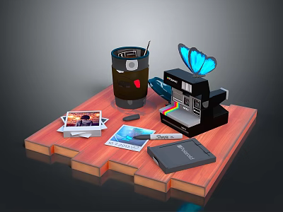 Wooden Platform Display With Vintage Camera Butterfly Decoration Photos Paintbrush And Film Roll 3d model