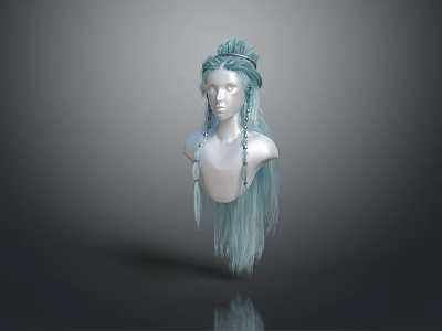 3D Game Movie Character With Blue Long Braided Hair And Decorative Tassels 3d model