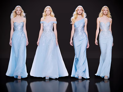 Multiple Models Wearing Light Blue Sequined Gowns Posing On Dark Runway 3d model