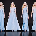 Multiple Models Wearing Light Blue Sequined Gowns Posing On Dark Runway