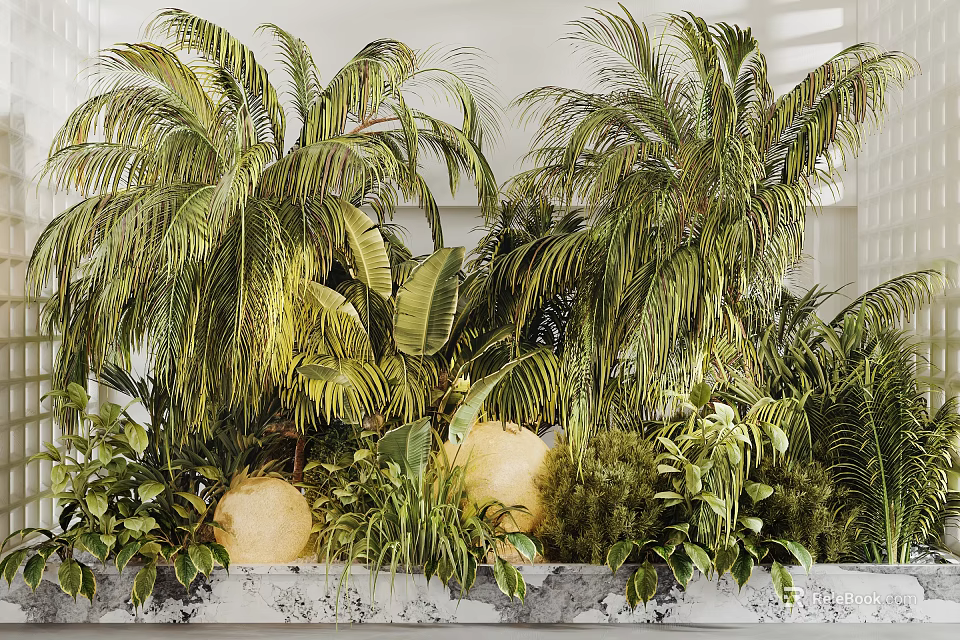 Lush Tropical Indoor Landscape With Palm Trees Various Plants And Green Foliage 3d model 