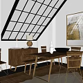 Wooden Dining Table Set With Chairs Skylight Window Wall Art And Rug