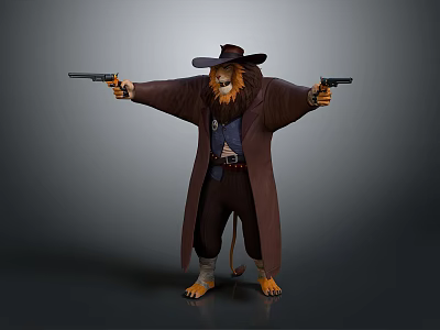 Lion Cowboy Character Holding Double Guns Wearing Long Coat And Western Hat 3d model