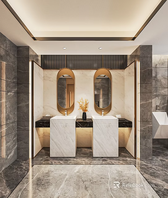 Public Restroom Interior Design With Double Marble Sinks Oval Mirrors And Gray Stone Walls 3d model 