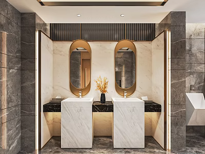 Public Restroom Interior Design With Double Marble Sinks Oval Mirrors And Gray Stone Walls 3d model