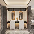 Public Restroom Interior Design With Double Marble Sinks Oval Mirrors And Gray Stone Walls