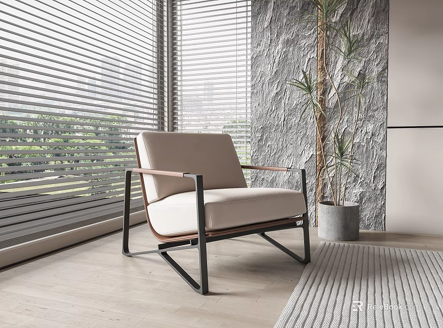 Modern Single Sofa With Black Metal Frame And Beige Upholstery By Window Blinds 3d model 