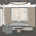 Modern Open Living and Dining Room Interior With Curved Sofa Round Table And Pendant Light
